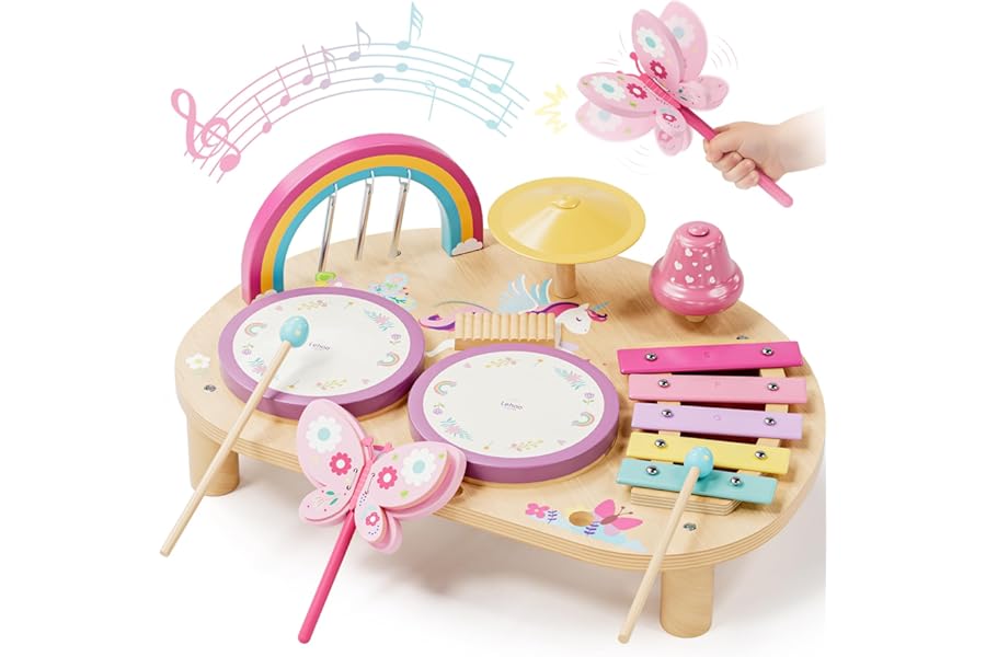 Lehoo Castle Unicorn Kids Drum Kit, Montessori Educational Toys Gifts for 1-3 Year Old Girls, Baby Toddler Wooden Musical Instruments Toys with Xylophone & 2 Drums 12M+