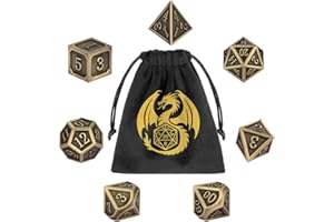 DND DADO Set di Dadi in Metallo DND, 7 pezzi di Dadi Poliedrici in Metallo, RPG, MTG, Accessori per Giochi di Ruolo e da Tavolo, Regali D&D con Borsa Regalo, D20, D12, 2 D10 (00-90 e 0-9), D8, D6 e D4, Bronzo