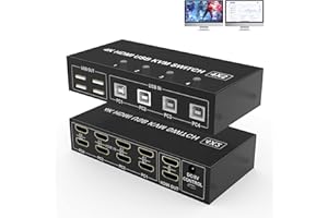 YEEMIE PRO Double moniteur HDMI KVM Switch 4 Port - 4K@60Hz HDMI KVM Switch 4 PC 2 moniteurs 4 in 2 Out Extended Display - Moniteur Clavier Souris Switcher avec 4 câbles USB Câble d'alimentation