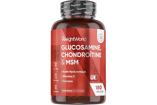 Glucosamine Chondroïtine MSM Vitamine C 180 Gélules - Enrichi en Curcuma, Acide Hyaluronique & Vit C Acide L Ascorbique - Complexe Glucosamine Chondroïtine sans OGM ni sans Gluten