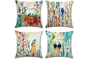 Artscope Set of 4 Waterproof Cushion Covers 45x45cm, Decorative Birds and Watercolor Splashes Throw Pillow Covers, Perfect to Outdoor Patio Garden Bench Living Room Sofa Farmhouse Decor