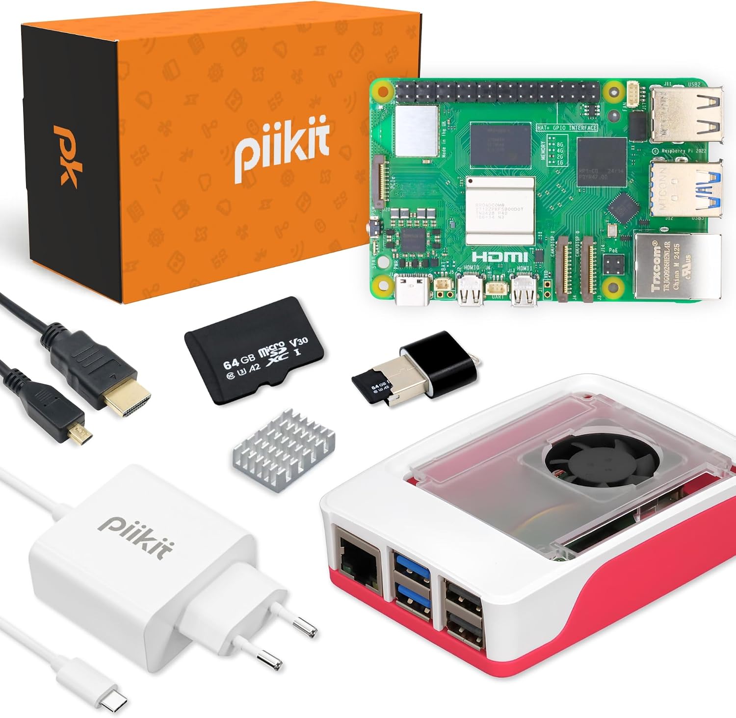 PiiKit Starter Kit para Raspberry Pi 5 4 GB | Tarjeta MicroSD 64 GB | Fuente de Alimentación 27 W | Caja con Ventilador Integrado y Disipador de Calor | Cable Micro-HDMI 4K 60 Hz