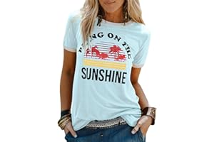 Dresswel Women Bring On The Sunshine T-Shirt Rainbow Graphic Print Short Sleeve Crew Neck Tee Tops Ladies Summer Shirts