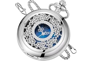 Tiong Quartz Pocket Watch Hollow Steampunk Blue Star Design Roman Numerals Pocket Watch with Chain Christmas Gifts