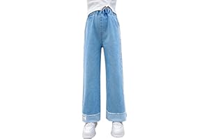 Happy Cherry - Girls Jeans Kid Denim Pants Loose Wide-Leg Ripped Pant Child Baggy Trousers Outfits Elasticated High-Waisted Straight Jeans Light Blue Fashion Casual Cute with Pockets Age 5-15 Years