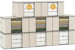 IZSUZEE Lot de 8 Sac de Rangement 90L, Grand Boite Rangement Caisse Rangement Cartons Déménagement Housse Rangement Piable, Sac de Rangement Sous Lit Édredons Couvertures Oreillers Jouets Vêtements Beige