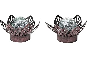 ‎NORTHPOINT Northpoint LED Lotus Water Lily Timer Metal Glass Ball Punch Pattern Solar Battery Garden Outdoor Pond Lighting (Battery Set of 2 Brown with Pattern)