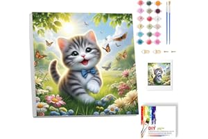 luckyarina Malen Nach Zahlen Kinder Katze mit Rahmen, Katze Paint by Numbers für Kind, Tiere Ölgemälde Kinder ab 5 6 7 8 9 Jahre, für Hause Dekoration Verwendet Werden 20x20cm