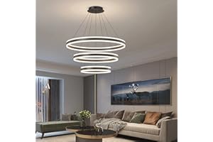 Mikeru LED Rund Esstisch Pendelleuchte, 3-Ring Moderne Kronleuchter, Dimmbar mit Fernbedienung Deckenbeleuchtung, chandelier Höhenverstellbar Wohnzimmerlampe, Geeignet für Esstisch, Wohnzimmer