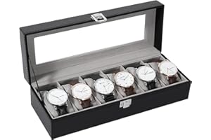 Uten Watch Box 6 Slots, Watch Case with Glass Lid, Watch Display Storage Box for Men and Women, Removable Watch Pillows, Metal Clasp, Black Synthetic Leather,Grey Velvet Lining, Gift Idea