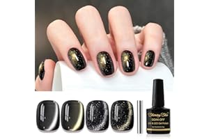Shining She Półtrwały lakier do paznokci Cat Eye, 4 kolory galaretki czarny lakier żelowy z brokatowym kotem oczami, zima seria czarna magnetyczna półtrwała lakier do paznokci Soak-Off UV/LED do