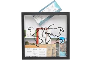 CAINCAY Adventure Archive Box, 20x20cm Travel Memory Box Wood Frame Travel Tickets Box, Travel Collection Box Travel Shadow Box with Slot for Movie Theater Travel Tickets Stubs (Black)