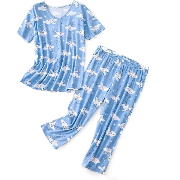 YIJIU Women's Cute Cat Pajama Set - Short Sleeve Top & Capri Pants, Soft Polyester, Grey Cat Print, Size Small