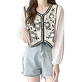 ICW Women's Boho Knit V-Neck Crochet Hollow Out Puff Sleeve Button Up Crop Top Shirt (One Size Fit Bust 30-34 Inch)
