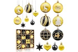 Aitsite 38 bombek bożonarodzeniowych, czarne i złote, nietłukące się, dekoracje choinkowe, duże bombki bożonarodzeniowe, wiszące dekoracje świąteczne na Boże Narodzenie, przyjęcie, do domu, 38 szt