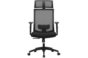 SONGMICS Silla de Oficina de Malla, Silla de Escritorio, Giratorio de 360°, Soporte Lumbar Ajustable, Apoyacabezas y Apoyabrazos, Inclinación del Respaldo hasta 120°, Negro OBN55BK
