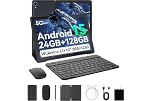 Laptok Android 15 Tablet 10 Pollici, 24GB RAM+128GB ROM, Octa Core 2.0GHz /WiFi 6+2.4G/GMS/5000mAh/Bluetooth 5.2/Widevine L1/8MP+5MP/Tablet 2 in 1 con Tastiera, Mouse, Cuffie, Penna e Custodia