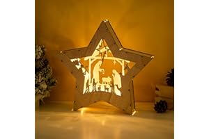 ‎NUPTIO NUPTIO Krippe Weihnachten Holz mit Beleuchtung: mit Timer 30cm Weihnachtsdeko LED Stern Weihnachtskrippe Innen Fensterbank Modern Klein Krippen Krippenfiguren Stehend Weihnachtsbeleuchtung Holzsterne