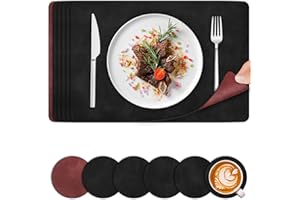 BEIJIE Table Mats Set of 6, Large PU Leather Placemats and Coaster Sets 6, Place Mats Heat Resistant Washable Wipe Clean, Non-Slip Square Table Placemats Set of 6, for Dining Party Home Restaurant, Black Red