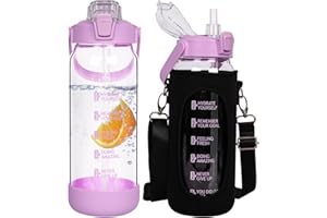 Seekua Szklana butelka na napoje, ze słomką i znacznikami czasu, szczelna, duża butelka na wodę, nadaje się do smoothie, nadaje się do mycia w zmywarce, 2 l