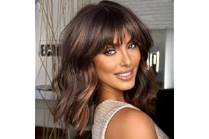 COLORFUL PANDA Colorfulpanda peruki z krótkimi włosami dla kobiet, z grzywką, naturalne, syntetyczne, na imprezę, do kostiumu, 30 cm (brązowe z pasemkami)