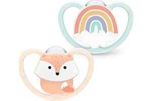 NUK Space smoczek dziecięcy, 0-6 miesięcy, smoczek z dodatkowymi otworami dla skóry wrażliwej, silikon bez BPA, lis, 2 sztuki
