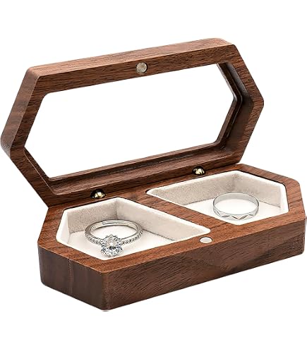 Boîte à Alliances En Bois Double Compartiment - Écrin Vintage Pour Mariage, Fiançailles Ou Cadeau (5.5 X 5.5 X 3.5 Cm)