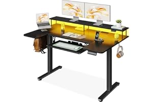 OffiGo U Forma Mesa Escritorio Elevable, 140cm Eléctrica Elevable Escritorio con Soporte para Monitor, Enchufes y Carga USB, Standing Desk con LED, Mesa para Ordenador Gaming y Oficina, Negro