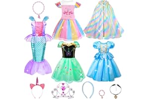 WIKITOT Princess Costumes for Girls, 4 Sets of Fairy Princess Dress Up with Cape, Jewelries for Girls Toys Aged 3 to 8, Fancy Dress for Kids Halloween Role Play Costumes