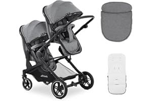 hauck Atlantic Twin, Grigio Melange - Passeggino Gemellare per 2 Bambini dalla Nascita a 15 kg - Due Navicelle Covertibili in Sedute Reversibili - Ruote di Gomma - Maniglione Regolabile - Pieghevole