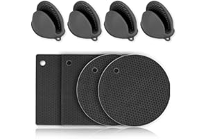 Uktunu Sottopentola Silicone Set di 8 4 Pezzi Presine in Silicone, 4 Pezzi Mini Guanto da Forno, Sottobicchieri Antiscivolo Anti-Scottatura per Cucina Resistente al Calore Fino a 230 °C Nero