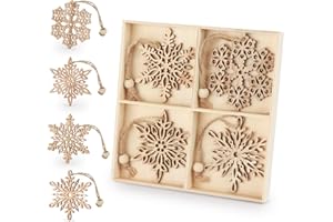 Sweelov 12 sztuk drewnianych zawieszek na choinkę, płatki śniegu, drewniane zawieszki z kryształkami lodu, ozdoby choinkowe, drewniane zawieszki bożonarodzeniowe, ozdoba wisząca w stylu vintage, ozdoba