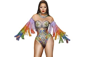 LuuMingCM Multi-color Rhinestones Tassel Bodysuit Sexy Nightclub Dancer Party Stage Wear Pole Dance Fringe Crystal Leotard