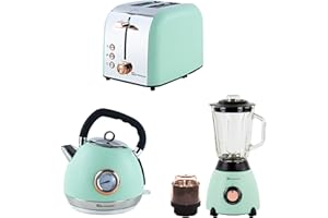 SQ Professional Epoque 3pc Breakfast Set -Kettle with Rose Gold Accents -Temperature Display -2 Slice Toaster with Rose Gold Accents, High-Lift, Wide Slots (Green)