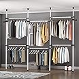 Heavy Duty Clothes Rack, 4 Poles 6 Bars Telescopic Coat Hanger Wardrobe Organiser, Hanging Rail, Garment Rack, Stainless Steel, 60kg Loading per Horizontal Bar, Height Adjustable