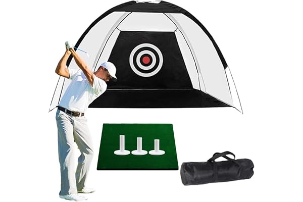 Filet de Practice de Golf Entrainement 3m Chipping Jardin Portatif d’Entrainement avec 3 Pièces 2,25 2,75 3 Tés Tees en Caoutchouc et Tapis 60x30cm