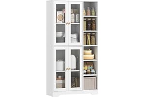 HOMCOM 172 cm Tall Kitchen Cupboard, Pantry Storage Cabinet with Tempered Glass Doors and Soft-Close Hinges, Freestanding Kitchen Cabinet with Adjustable Shelves and 6 Open Shelves, White