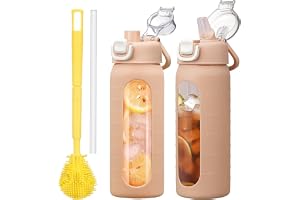 HYDRAGLAZIC 600 ml vattenflaska i glas med sugrör, glasflaska med halsband av rutschfast silikon, bred öppning, läckagesäker