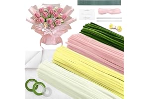 AECHO 350 Pièces Cure Pipe Chenille,Cure-pipe à Bricoler Set,Dense et Moelleux Fil Chenille,avec Tige Fleur,Ruban,Étamines,papier cadeau,pour Bouquets de Tulipes,DIY et Décoration(Rose）