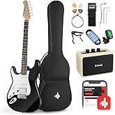 Donner Thunder Solak Elektro Gitar Seti Acemi Tam Boy Siyah 39 In&ccedil; Lefty Starter Paketi T&uuml;m Aksesuarları Amplifikat&ouml;r Capo As
