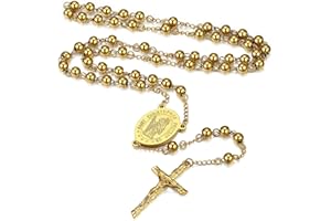 FaithHeart Rosary Beads Catholic Necklace for Women Saint Christopher/Michael/Virgin Mary Pendant Stainless Steel Crucifix Cross Charm Extra Long Chain Christian Amulet (6 Colours)