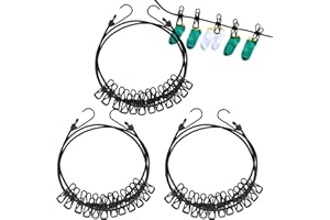 ZEONHEI 3 sztuki 185 – 380 cm, przenośna, kempingowa linka do suszenia prania z 12 klipsami, elastyczna, do użytku na zewnątrz, zwijana linka do prania do domu, na zewnątrz, czarna