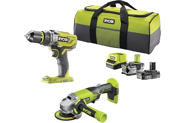 RYOBI 5133003842 - Combo 2 Outils 18 Volts ONE Plus : 1 Perceuse Percussion Plus 1 Meuleuse d'angle 115 mm 2 Batteries (2 and 4Ah), Chargeur, Sac de Transport - R18PDAG-242S