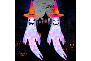 YUMCUTE 2Pcs Halloween Ghost Windsocks, Hanging Halloween Garden Decorations with 200cm Colorful LED Lights, Halloween Ghost Decorations for Outdoor Indoor Garden Home Yard Hallow-een Party Supplies