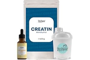 ‎YES VEGAN! Creatin Monohydrat Pulver (600g) inkl. Shaker und Vitamin D3 Tropfen (Jahresvorrat) - Alternative zu Creatin Monohydrat Kapseln & Creapure - Kreatin Pulver vom Markenhersteller