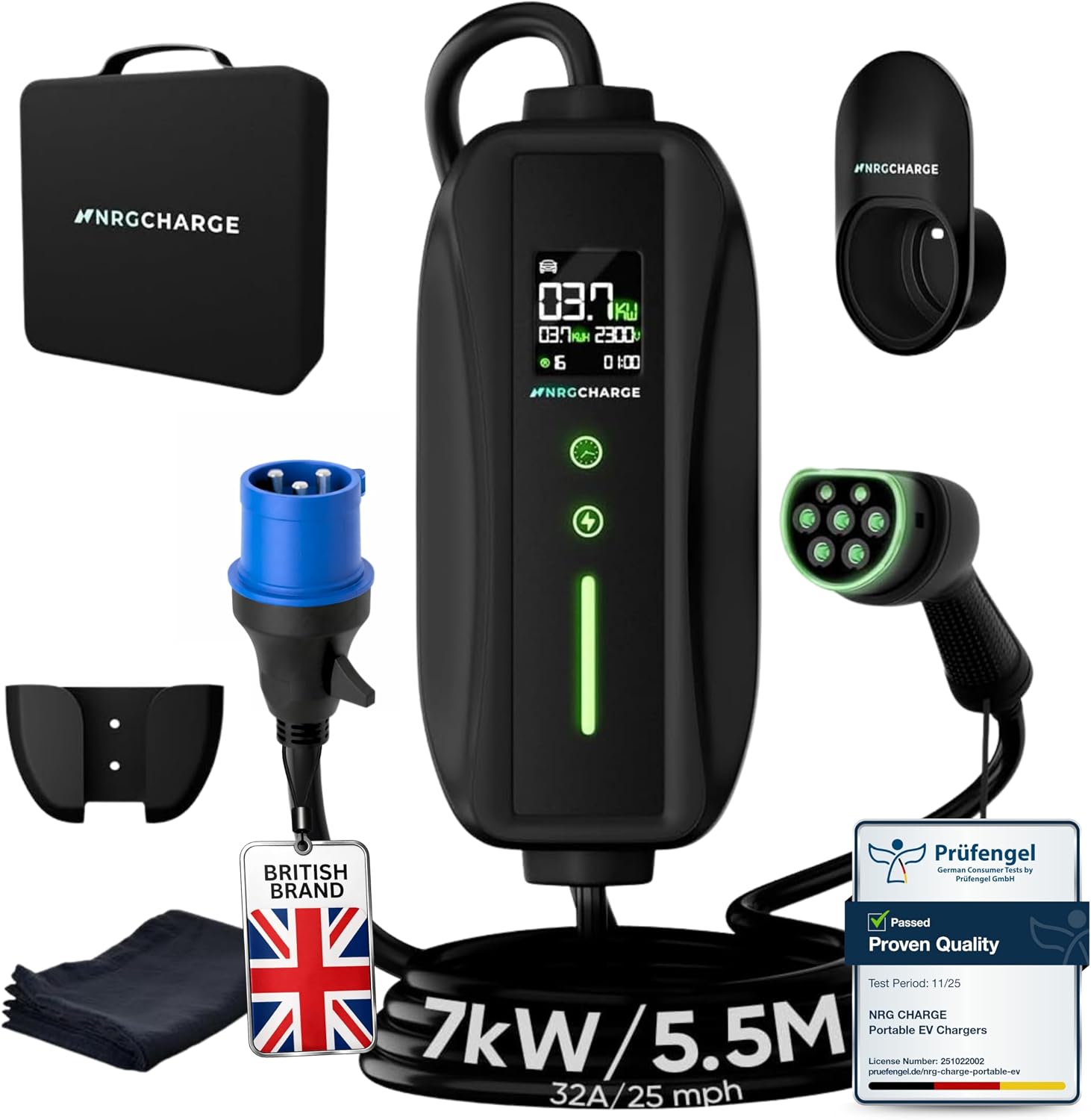 EV Charger CEE 32A Plug | Portable EV Charger Type 2, 7kW | Single Phase, Cabel, 6-32A | Electric Car Charger | Home Car Charger | Fast Charging, Compact, Travel-Friendly (7kW, 5,5 Meter)
