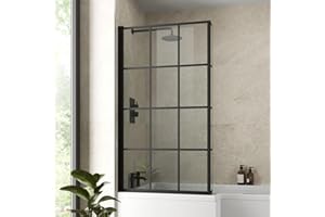 LUXURA® Black Square Grid Over Bath Shower Screen Door 6mm Clear Toughened Safety Glass Panel Bathroom Hinged Bath Screens 1430 x 785mm with Return