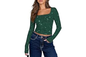 YUTILA Damen Glitzer Oberteile Kurz– Cropped Eckigem Ausschnitt Party Tops, Langarm Slim Fit Stretch Festliches Shirt Outfit