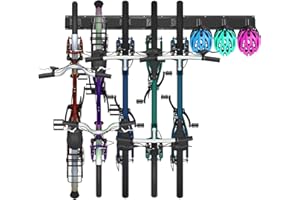 OUUTMEE Support Mural pour Vélos, Vélo Mural Porte pour 5 Vélos et 3 Casques, Crochet Vertical pour Vélo de Route ou de Montagne, Crochet Mural de Fixation pour Garage et Maison (Noir)