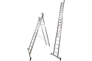 BTF Escalera de Aluminio Extensible 2 tramos transformable en Tijera, 3,0+3,0 Metros, 11 peldaños por Tramo | Ideal para Trabajos en casa, Chalet, finca Rural o Local Comercial. BTF-EDB6730